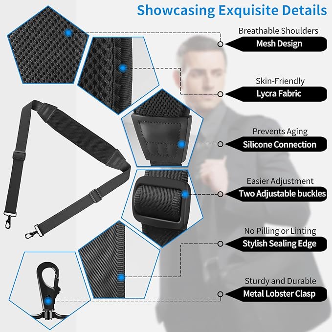 67" Universal Shoulder Strap, Mesh Thick Padded Bag Strap with Double Adjustable Buckles and Metal Hooks, Ideal for Briefcases, Computer Satchels, Crossbody Bags, Luggage(Breathable)