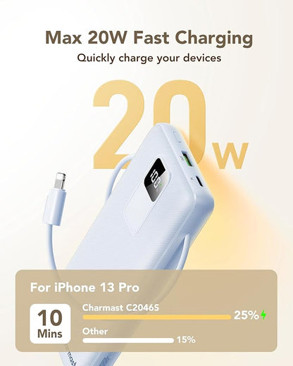 charmast 20000mAh Portable Charger with Built-in Cables & Wall Plug, 20W USB C Power Bank, Fast Charging Battery Pack Travel Essentials Compatible with iPhone 16/15/14 Series, Samsung, Google, iPad