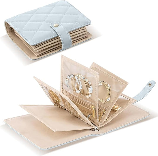 huoflame Velvet Travel Jewelry Organizer Book with Zipper Pouches – Anti-Tarnish, Scratch-Proof Jewelry Storage for Rings, Necklaces, Earrings, Bracelets – Portable Soft Case for Women (Blue)