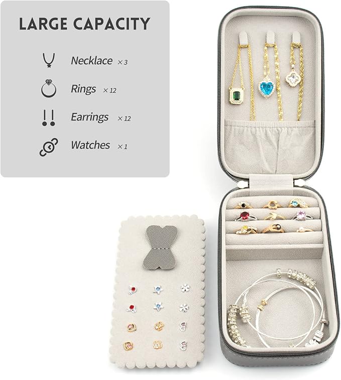 BONNY DODO Small Travel Jewelry Organizers Box for women with PU Leather Portable Mini Jewelry Case with compartments for Necklace Rings Earrings,Luxury Giftable boxes. (Gray, M)
