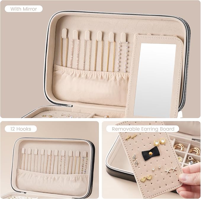 Lolalet Travel Jewelry Case for Women Girls, Travel Jewelry Organizer Box with Mirror & Clear Storage Bag, Small Portable Earring Necklace Bracelet Ring Case, Birthday Christmas Gifts -Medium, Black