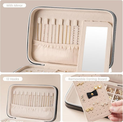 Lolalet Travel Jewelry Case for Women Girls, Travel Jewelry Organizer Box with Mirror & Clear Storage Bag, Small Portable Earring Necklace Bracelet Ring Case, Birthday Christmas Gifts -Medium, Black
