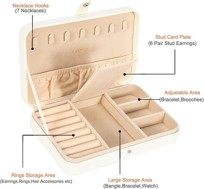 LANDICI Small Jewelry Box for Women Girls, PU Leather Travel Jewelry Case, Portable Jewelry Organizer Storage Holder Display for Ring Earrings Necklace Bracelet Bangle Men Kids Gift, White