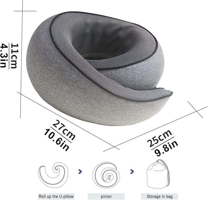 Cloud Sleep Travel Pillow｜360° Adjustable Neck Pillow for Airplane & Office｜NASA Memory Foam｜Free Eye Mask & Earplugs (Grey)