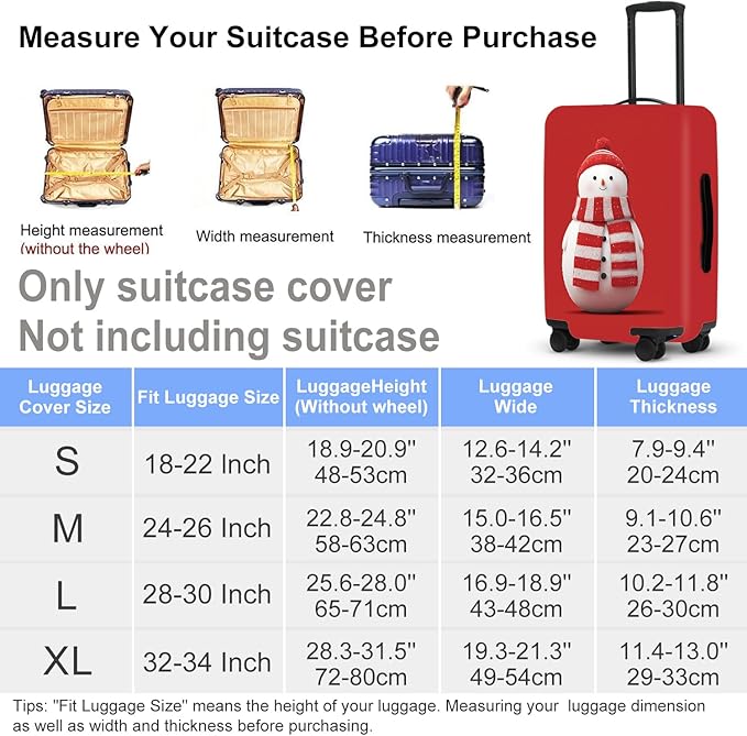 Snowman Christmas Luggage Cover - Red Background with Cute Snowman in Striped Scarf, Simple Stretchable Suitcase Cover 28 30 Inch