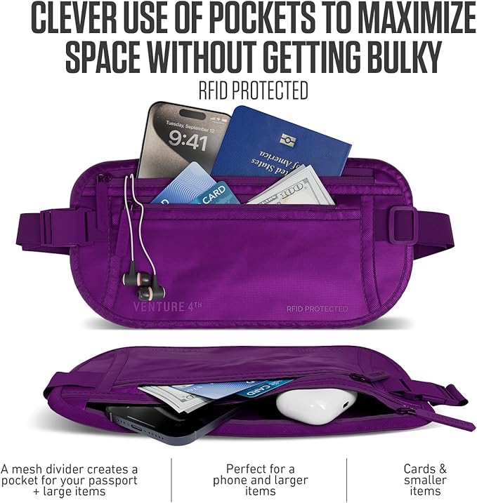 Travel Money Belt, RFID Blocking for Men & Women - Ideal for Keeping Your Cash, Credit Card, Passport, Phone Safe When Traveling (Sleek Purple)