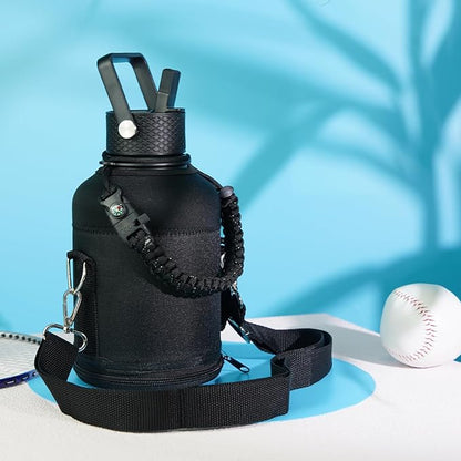 Gallon Insulated Water Bottle with Straw,128 oz 3 Lids Water Jug with Carrying Bag,Paracord Handle, Double Wall Vacuum Stainless Steel Metal Flask,Gray