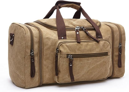 Large men's travel luggage bag, carry overnight bag, weekend handbag, waterproof canvas travel bag(khaki)
