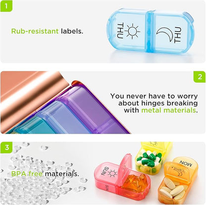 Zannaki Metal XL Weekly Pill Organizer 2 Times a Day, Large Travel Daily Pill Box 7 Day, Portable Week Twice Pill Holder Container, AM PM Pill Case for Medicine Vitamin Medication Supplement, Gold