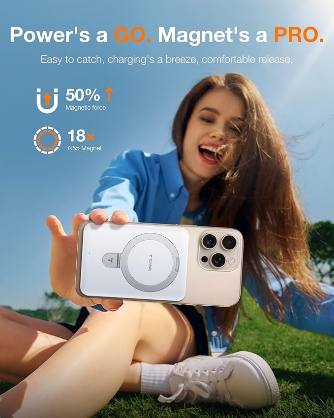 TORRAS EasyGo 10000mAh Magnetic Portable Charger Power Bank for iPhone, Fast Charging Travel Essential Wireless Battery Pack with Stand Compatible with Magsafe, 17 Pro Max,Pro,16,15,14,13,12, White