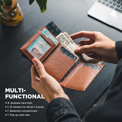 VULKIT Pop up Card Wallet Minimalist Cash Wallets RFID Blocking Leather Smart Credit Card Holder with ID window for Men(Brown)
