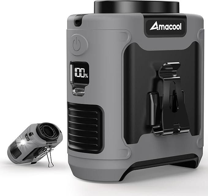 AMACOOL Portable Waist Fan Clip On, MAX 40H Work Time, 10000mAh Rechargeable Wearable Shirt Fan with Light, 16000RPM Powerful 5 Speed Belt Fans Personal Cooling Fans for Outdoor Jobsite Travel