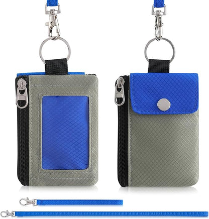 Minimalist Wallet For Mens Womens, Keychain RFID Blocking Zipper Small Wallet with ID Window 2 Lanyards,Water Resistant Travel Cash Card Coin Case Boys Girls