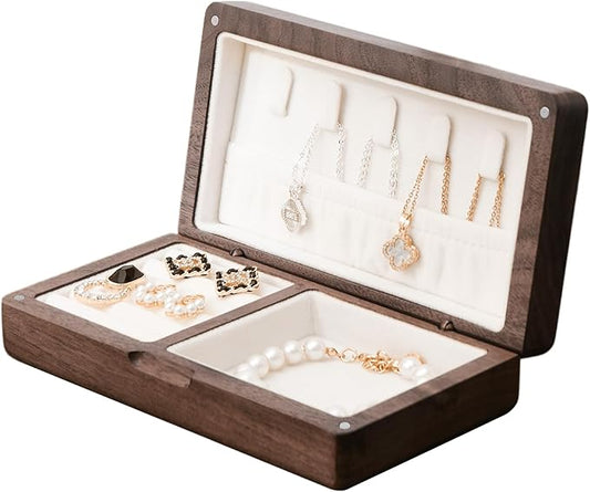 Walnut Wooden Small Jewelry Box - Mini Wood Travel Jewelry Case Portable Organizer for Rings, Earrings, Necklaces & Bracelets Storage Women Girls Men (White)