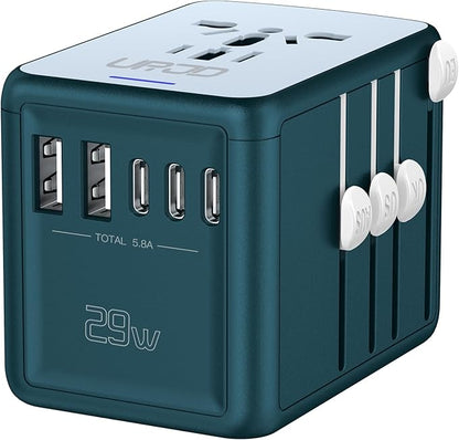 Universal Travel Adapter with 6.0A 3X 3.0A USB-C Ports, 2X 2.4A USB-A Ports and Multi AC Outlets, International Power Plug Adapter Worldwide Travel Charger for EU UK AUS USA (Type C/G/I/A Plug)