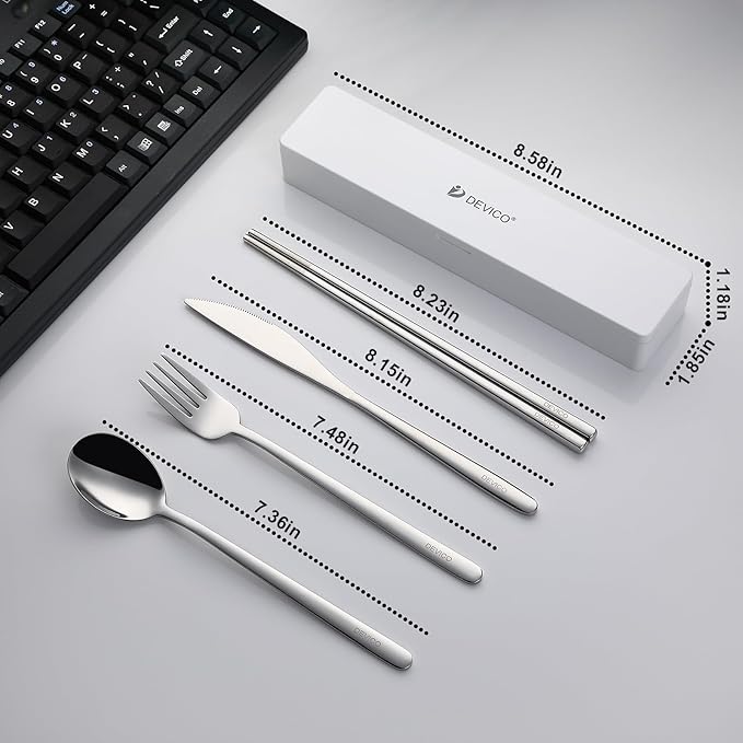 DEVICO Travel Utensils With Case, Camping Silverware, Portable Cutlery Flatware Set for Lunch, Reusable 18/8 Stainless Steel Knife Spoon Fork Chopsticks
