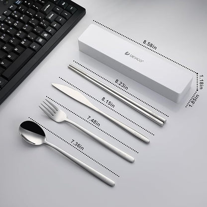 DEVICO Travel Utensils With Case, Camping Silverware, Portable Cutlery Flatware Set for Lunch, Reusable 18/8 Stainless Steel Knife Spoon Fork Chopsticks