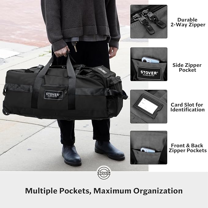 STOVER 80L Rolling Duffel Bag with Wheels, Large 31 Inch Durable Travel Duffle + Toiletry Bag, Heavy Duty, Packable, Foldable w/Shoulder Straps- Use as Luggage or Backpack, Men/Women (Black)
