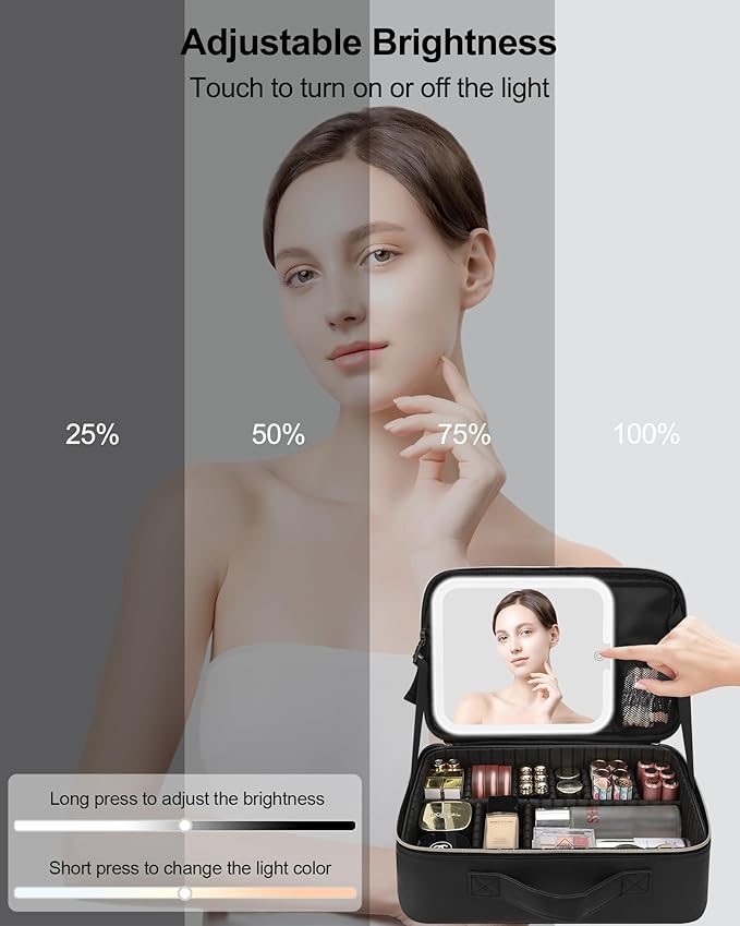 Chomeiu Makeup Bag with LED Mirror, Large Travel Cosmetic Train Case for Women, Makeup Artists Large Organizer Box with Vanity Light Up Mirror, 3 Color Lights, Adjustable Dividers (Black)