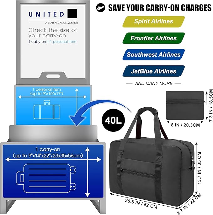Foldable Travel Duffle Bag, Airlines Approved Carry On Bag Weekender Overnight Bag for Men Women, 40L (Black)