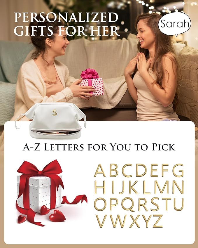 Women Birthday Gifts, Initial Large Makeup Bag, College Essentials for Girls Cosmetic Bag with Makeup Brush Organizer, Birthday Gift for Women/Girl Bridesmaids Gift Cute Stuff for Girls