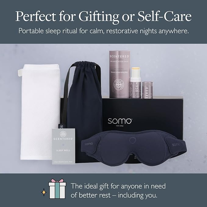 Scentered x SOMO Premium Blackout Sleeping Mask & Sleep Well Aromatherapy Balm Gift Set - Acupressure Eye Mask & Lavender Essential Oil for Deeper Recovery - Fall Asleep Faster & Stay Asleep Longer