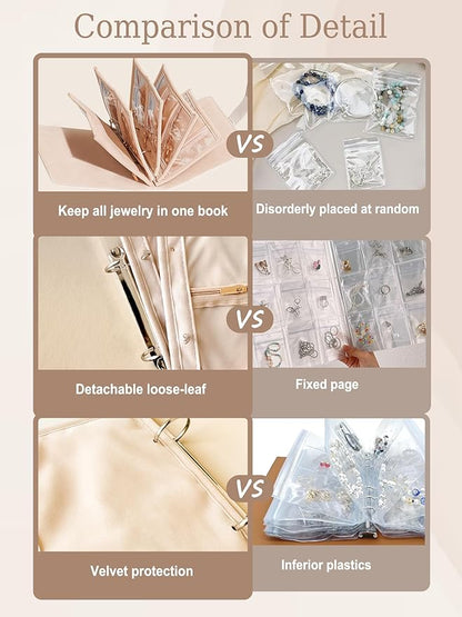 Travel Jewelry Organizer Case, Portable Jewelry Storage Roll Bag with Clear Zipper Velvet Pouch, Jewelry Holder Book Ring Binder for Bracelet, Necklace, Earring, Ring (White)