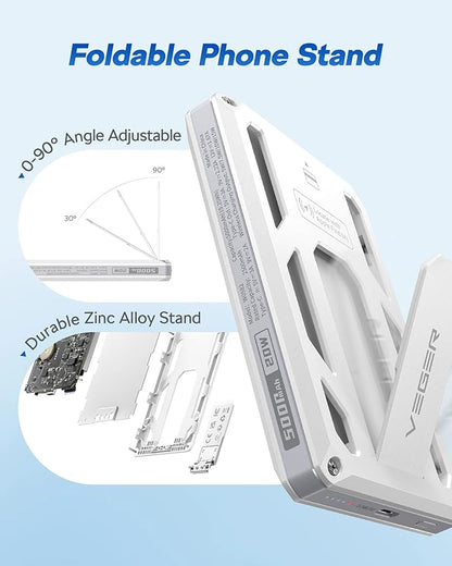 VEGER Portable Charger, Magnetic Power Bank with Phone Stand, Card Slot RFID Blocking, Global Tracking, 20W USB-C Fast Charging Powerbank, 15W Wireless Battery Pack for iPhone17/16/15/14/13/12 White