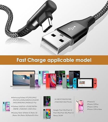 sweguard USB Type C Charger Cable Right Angle [2-Pack,3.3FT] 3.1A Nylon Braided Cord for iPhone 17 16 15 Pro Max Plus iPhone Air Samsung Galaxy S25 S24 S23 S22 S21 S20 Note 20 A15 Flip Pixel LG Moto