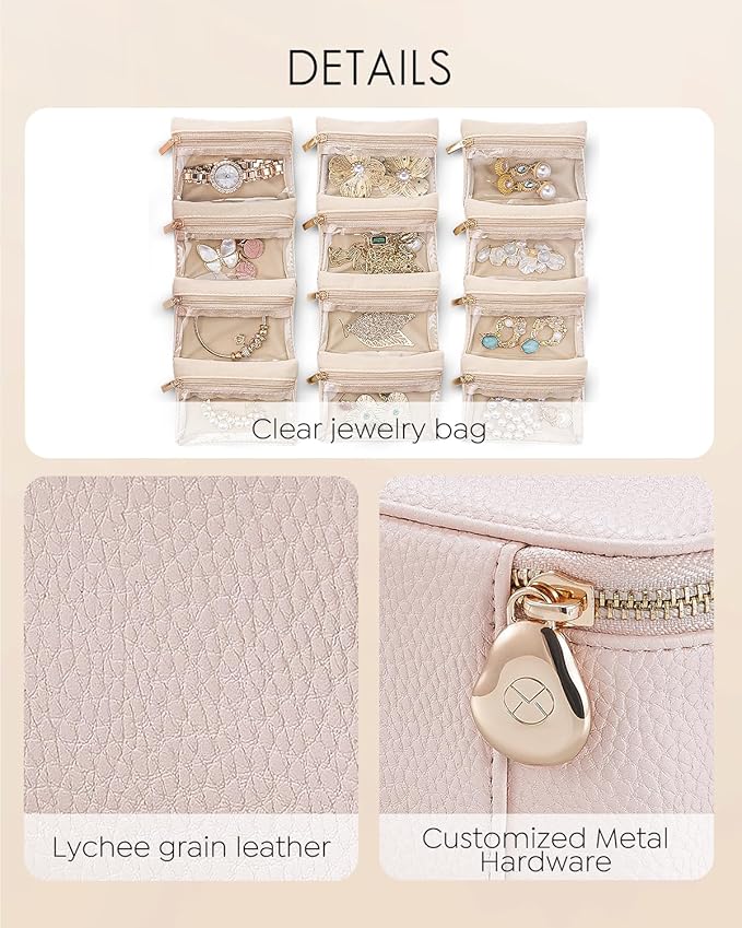 Vlando Jewelry Box with 12 Velvet Jewelry Bags Travel Jewelry Case for Girls Jewelry Organizer for Travelers Birthday Christmas Gift Ideas for Women (Pink)