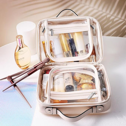 SANHECUN traveling toiletry Case large clear cosmetics case makeup bag Dimensions | LxWxH:10” x 4.5” x 7.5”(Beige, Medium)