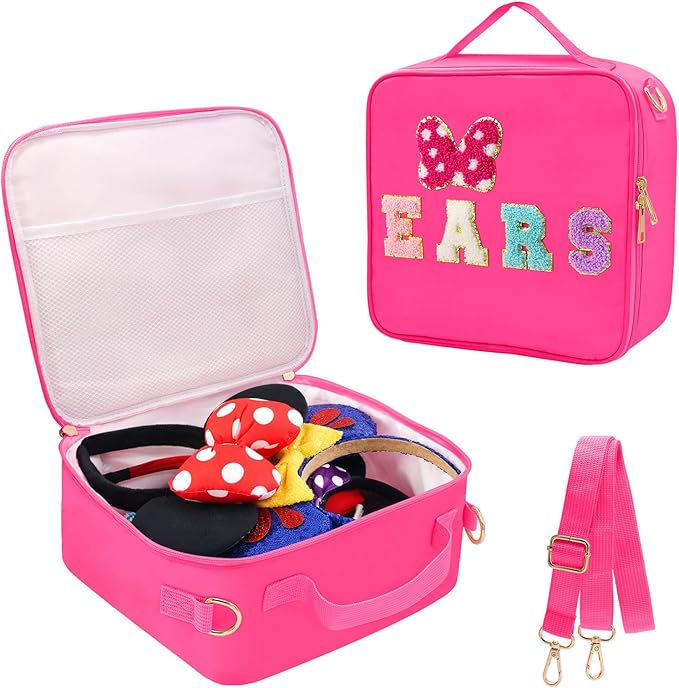 Chenille Letter Bow Mouse Ears Travel Case, Park Ears Headband Holder Hair Accessories Organizer Bag for Girls Women Kids Adults, Large Makeup Bag Snack Bags with Zipper for Travel Picnic - Rose Red