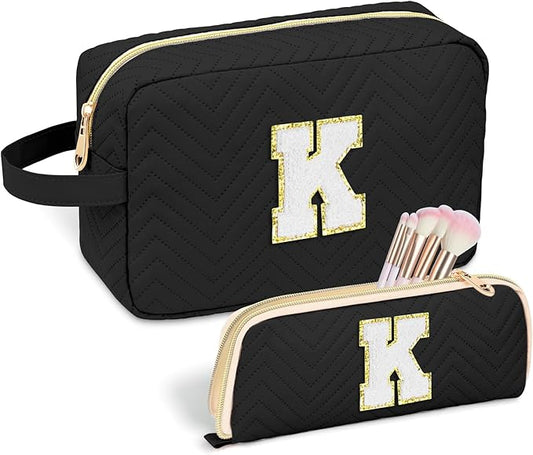 Personalized Initial Makeup Bag Trendy Stuff Leather Waterproof Cosmetic Bag Travel Toiletry Bag, Christmas/Thanksgiving/Halloween Gifts Makeup Organizer Case for Women Girls Mom Girlfriend Wife