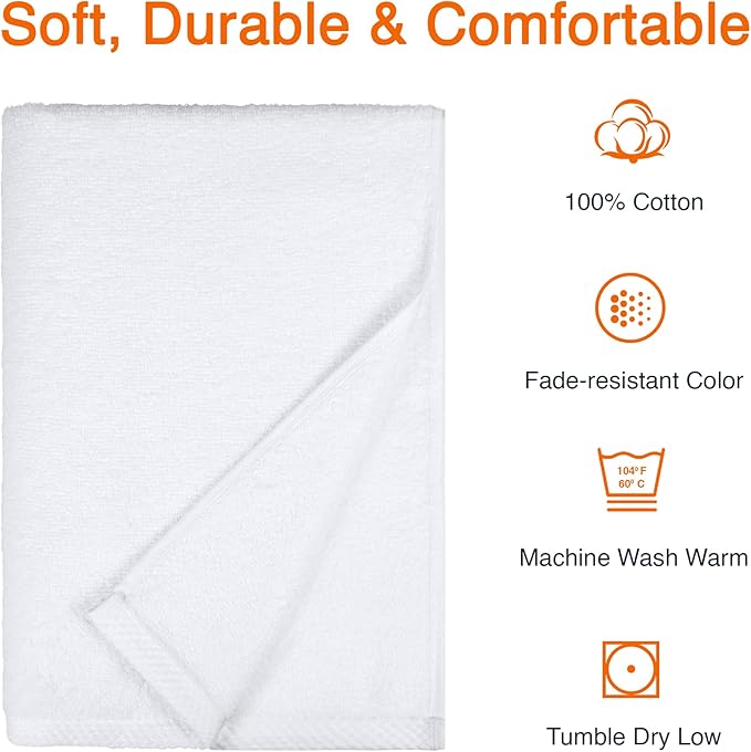Amazon Basics 2 Piece Quick-Dry Oversize Bath Towel, 100% Cotton, White, 54" x 30"