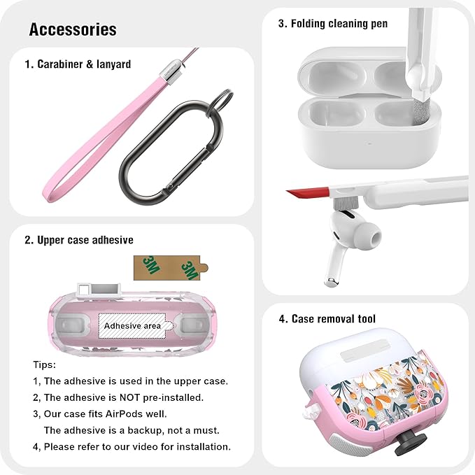 WENEW Case for AirPods Pro & Pro 2 Case Cover Secure Lock Automatic Snap Switch Clip Cleaner Kit Lanyard Women Stylish Flower Full Body Hard Shell Front LED Visible (Pink Flower, AirPods Pro & Pro 2)