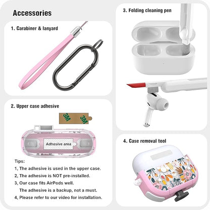 WENEW for AirPods Pro 3 Case (2025) Cover Secure Lock Automatic Snap Switch Clip Cleaner Kit Lanyard Women Stylish Flower Hard Shell Full Body Front LED Visible (Pink Flower, AirPods Pro 3)