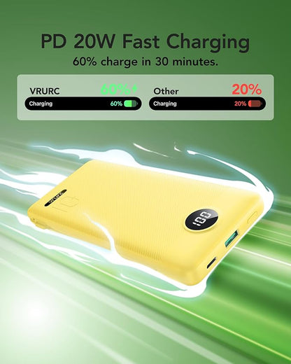 VRURC Portable Charger with Wall Plug, 10000mAh Slim Portable Charger Built in Cables,PD 20W Fast Charging Power Bank with Cords,USB C Portable Phone Charger Travel Accessories -Yellow(1 Pack)
