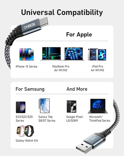 Short USB A to USB C Cable 3FT, USB C Fast Charging Cable, Durable Braided USB to USB Type C Cord for Car iPhone USB C Charger for iPhone 17/16/15/Pro Max/Plus, Samsung Galaxy S23 and More-2Pack Gray