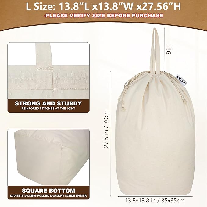 Canvas Laundry Bags with Handles & Square Base13.8"x 13.8", Large Heavy Duty Laundry Hamper Bag, College Dorm Washable Drawstring Cotton Dirty Clothes Sack (Beige,2 Pack)