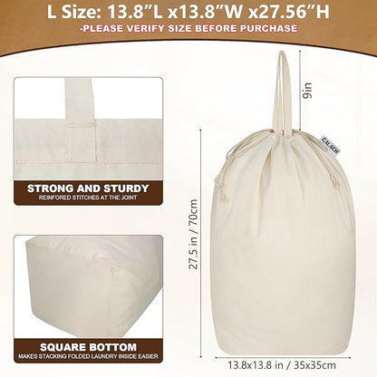 Canvas Laundry Bags with Handles & Square Base13.8"x 13.8", Large Heavy Duty Laundry Hamper Bag, College Dorm Washable Drawstring Cotton Dirty Clothes Sack (Beige,2 Pack)
