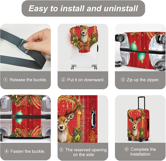 Vintage Plaid Christmas Luggage Cover - Red Tartan with Golden Deer and Holly, Classic Stretchable Suitcase Cover 28 30 Inch