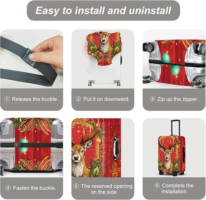 Vintage Plaid Christmas Luggage Cover - Red Tartan with Golden Deer and Holly, Classic Stretchable Suitcase Cover 28 30 Inch