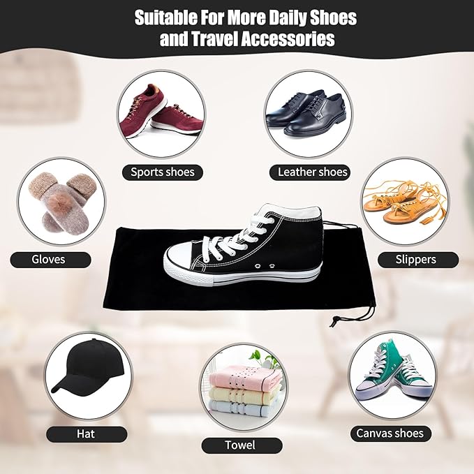12 Pcs Shoe Bags for Travel Shoe Dust Bags Black Duster Flannel Pouch Washable Covers with Drawstring Breathable for Home Luggage, 8 x 18 Inch