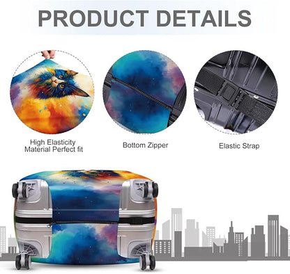 ANNA QUEEN Colorful Cat Luggage Cover, Artistic Blue Cat Design with Rainbow Colors, Stretchable, Washable Travel Sleeve for 32-34 Inch Suitcases