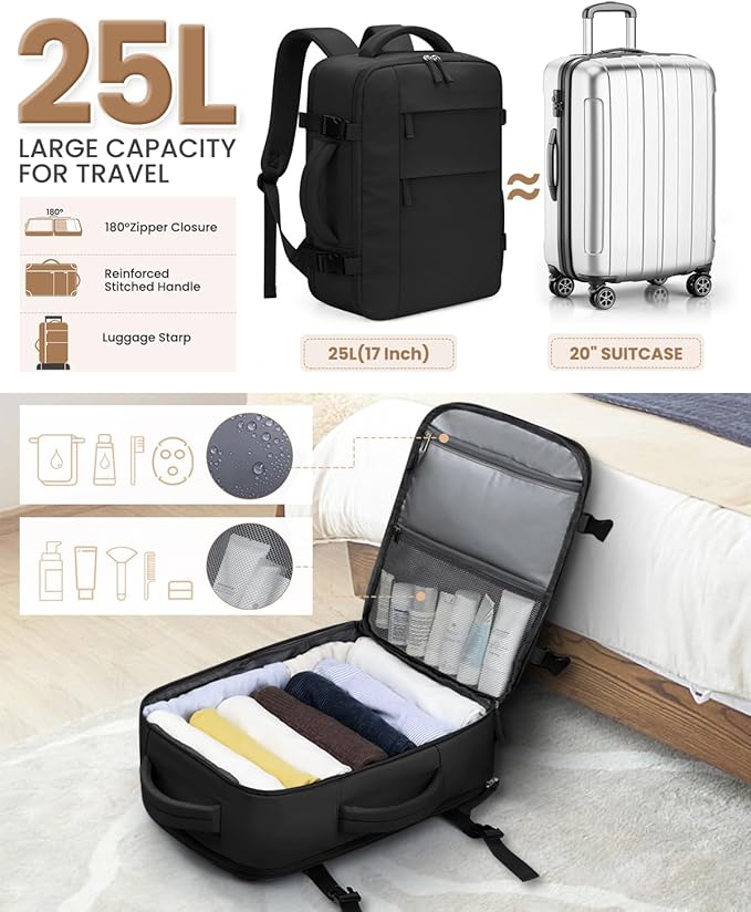 Travel Backpack for Women Man, Waterproof Laptop Backpack Travel Bag Airline Approved Carry on Weekender Overnight Bag Bookbag for Business,Travel, Work Fits 17.3 inch Laptop(Large,Black)