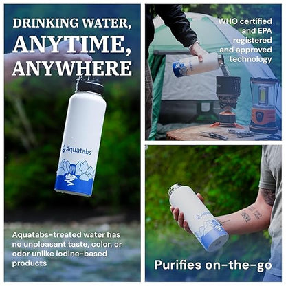 Aquatabs Insulated Stainless Steel Water Purifier Water Bottle with 50 Water Purification Tablets, BPA Free Water Purification Bottle Alternative to Filtered Water Bottle.