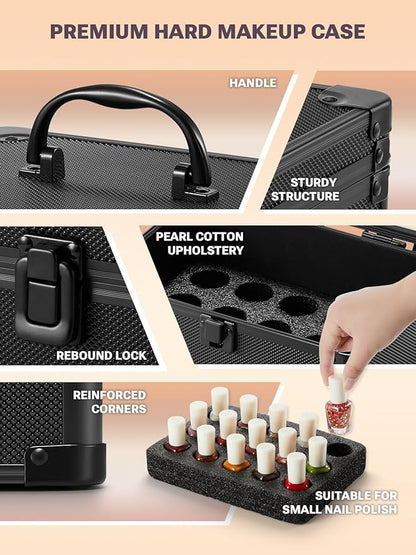 Qislee Makeup Box Mini with A Detachable Lighted Mirror, Waterproof Small Makeup Case,Cosmetic Organizer and Travel Train Case with Magnetic LED Mirror(Black)