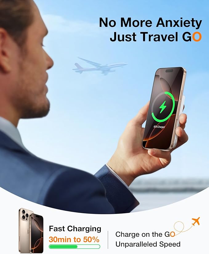 TORRAS EasyGo 10000mAh Magnetic Portable Charger Power Bank for iPhone, Fast Charging Travel Essential Wireless Battery Pack with Stand Compatible with Magsafe, 17 Pro Max,Pro,16,15,14,13,12, White