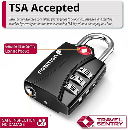 Fosmon Luggage Locks TSA Approved 6 Pack, Suitcase Locks with Open Alert Indicator, 3 Digit Combination Padlock with Alloy Body for Travel, Backpack Zipper Anti Theft, Locker, Gym, Gun Case- Black