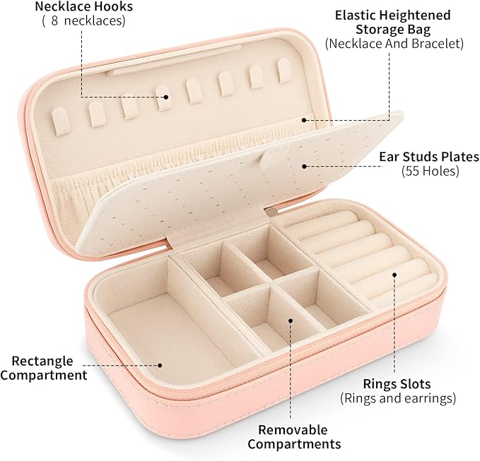 DesignSter Travel Jewelry Box, PU Leather Portable Jewelry Case, Small Jewelry Boxes for Gifts, Travel Jewelry Organizer for Women Rings Earrings Necklaces Bracelets (Dusty Pink)